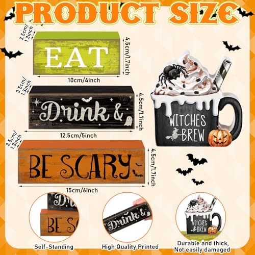 Lineshading 4 Pcs Halloween Wooden Block Signs, Eat Drink Be Scary Decor