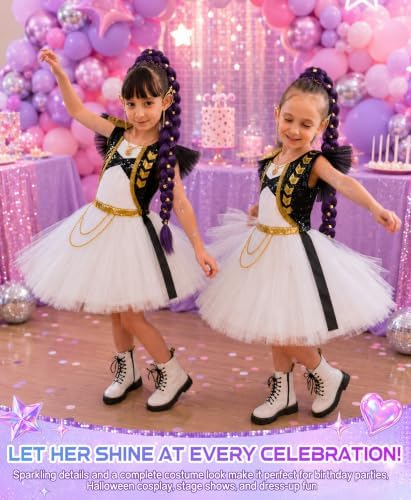 Halloween Costume Girls Pop Singer Costume Kids Cosplay Outfit Dress with Purple Braid Tattoo for Birthday Party