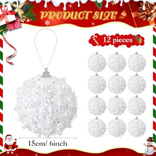 Riceshoot 12 Pcs 6 Inch Christmas Ball Ornaments Pearl Sequin,White