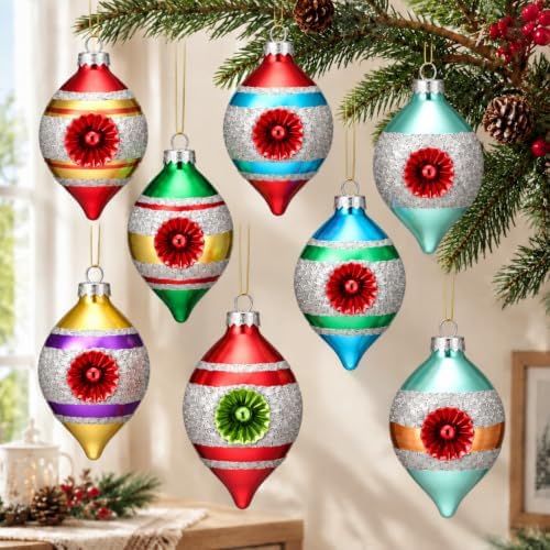Soulchen 8pcs Retro Christmas Glass Finial Ornament with Reflector for Tree