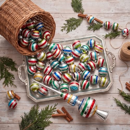 Teling 100 Pcs Vintage Christmas Tree Ornaments Set Mini Retro Striped Ball