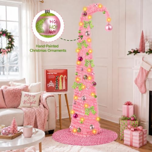 6FT Whimsical Pop-Up Christmas Tree with Lights 30” Tree Skirt, Pink