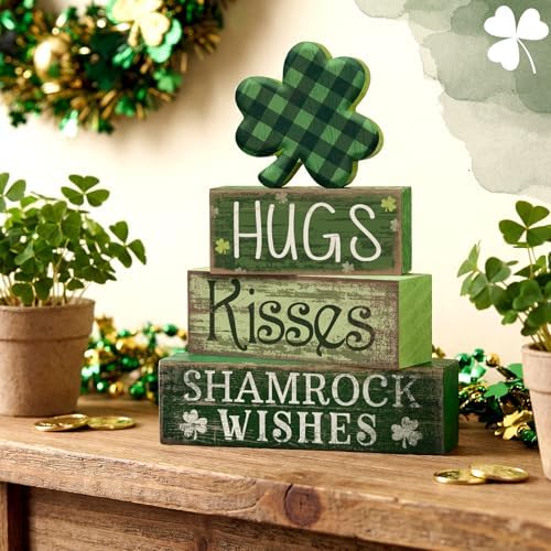 Lineshading 4 Pcs Shamrock Wooden Block Signs for Tiered Tray Home Decor