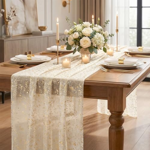 Artoid Mode Gold Gauze Champagne Table Runner 120 Inch 10FT, Glitter Metallic Foil Sheer Dining Wedding Anniversary Holiday Birthday Table Decor for Home Party