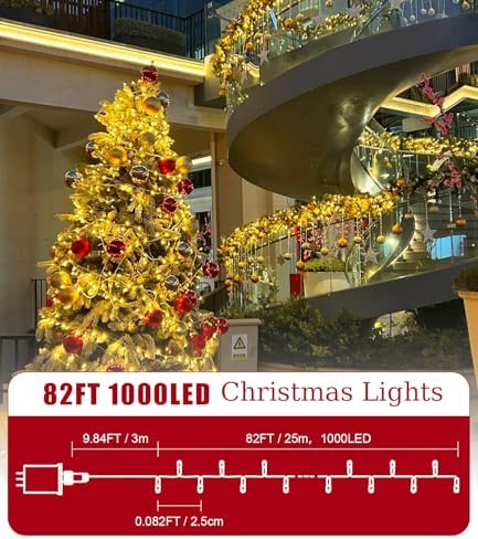 82FT 1000LED Warm White Christmas Lights Outdoor with 8 Modes, IP44 Waterproof Plug in Christmas Tree Light Fairy String Lights for Christmas, Patio, Garden, Indoor Outdoor Decor