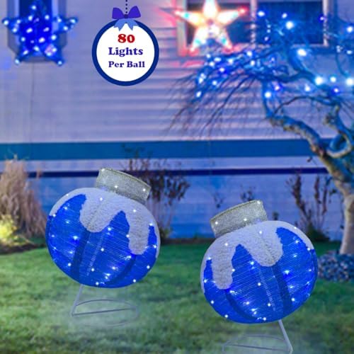Lighted Christmas Balls Outdoor Decorations, 2pcs Pop-Up Blue Christmas Décor Balls Prelit 160 Lights with 8 Flashing Effects, Collapsible Light Up Hanging Lanterns Plug-in for Home Yard Party-Blue