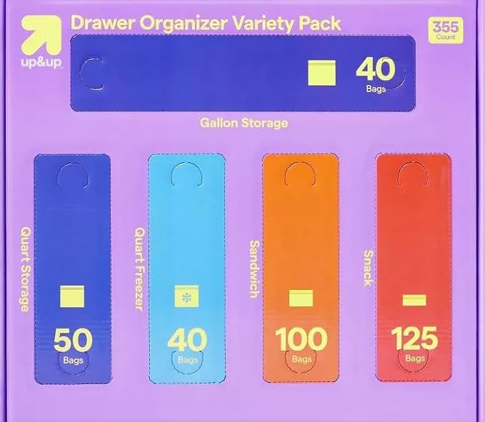 355-Count Food Storage Bags Variety Pack - Assorted Clear Plastic Bags (5-in-1: Snack/Sandwich/Quart Freezer/Quart/Gallon) with 1 Reusable Grocery Bag Tote