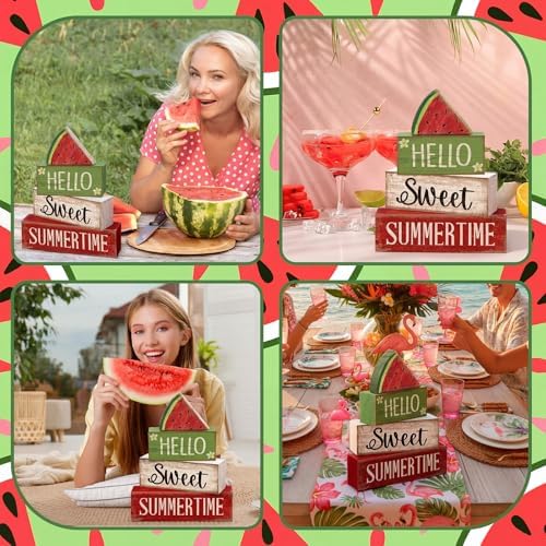 Moucuny 4 Pcs Summer Table Decor Watermelon Wooden Signs Farmhouse