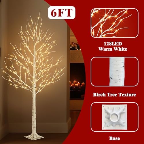 EAMBRITE Lighted Birch Tree, 6ft Prelit White Christmas Trees Outdoor 2Pack