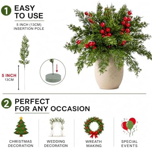 30Pcs Christmas Artificial Pine Branches with Red Berry Stems