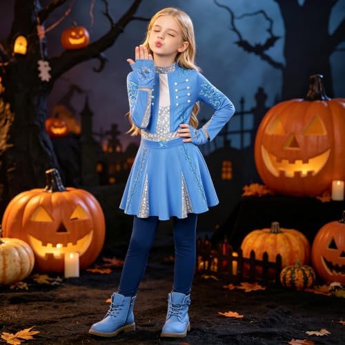 Girls Wonderland Costume Kids Cosplay Outfits Jumpsuit with Gloves Wig Set