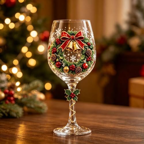 Christmas 3D Wine Glass Collection Gift Box Set, 3D Christmas Wine Glasses,Raised Holiday Goblet with Snowflake Decor,Festive Glassware,Holiday Party Decor,Wines & Cocktails,Table Decor (1pcs F)