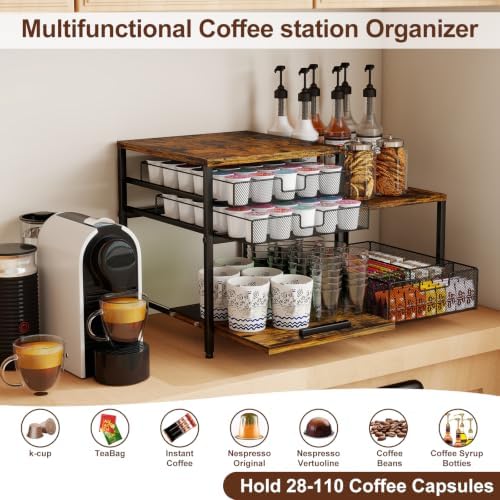 Coffee Station Organizer, Countertop Coffee Bar Holder with 3 Drawers,60 Compatible with K Cups Coffee Pods, Capsules, Rustic Storage for Tea Bags, Syrup Rack, Kitchen, Apartment, Home, Office