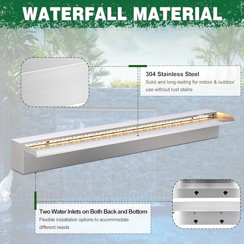 LONGRUN Waterfall Pool Fountain, Updated 5.9'' Wider Open Lip Stainless Steel Waterfall Spillway, Decorative Water Feature for Swimming Pools, Koi Ponds, Spa & Garden - 35.4''
