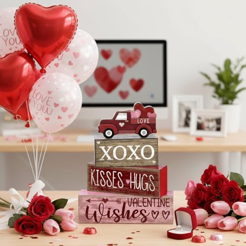Lineshading 4 Pcs Valentine Signs, Farmhouse Truck Tiered Tray Decor