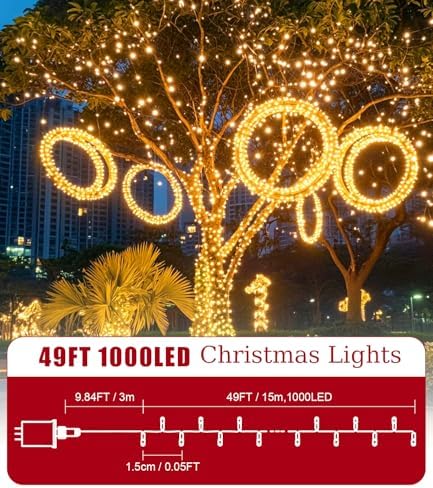 49FT 1000LED Warm White Christmas String Lights Outdoor with 8 Modes, IP44 Waterproof Plug in Christmas Tree Light Cluster Lights for Christmas, Patio, Garden, Indoor Outdoor Decor