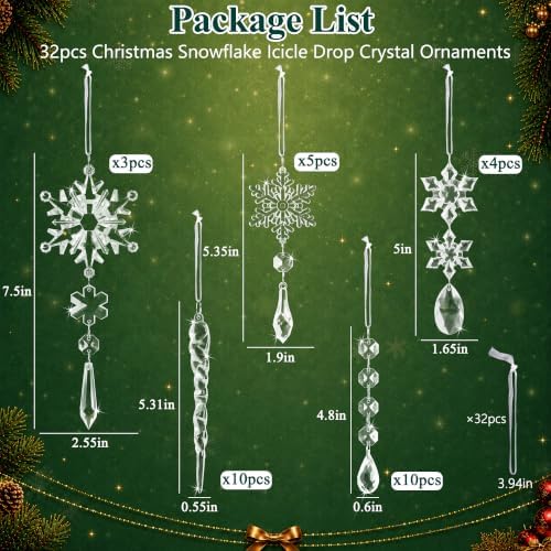 Crystal Christmas Tree Ornaments, Clear Acrylic Snowflake & Icicle, 32pcs