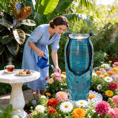 Autodaya 33" Vase Ceramic Outdoor Water Fountain with Lights and Birds