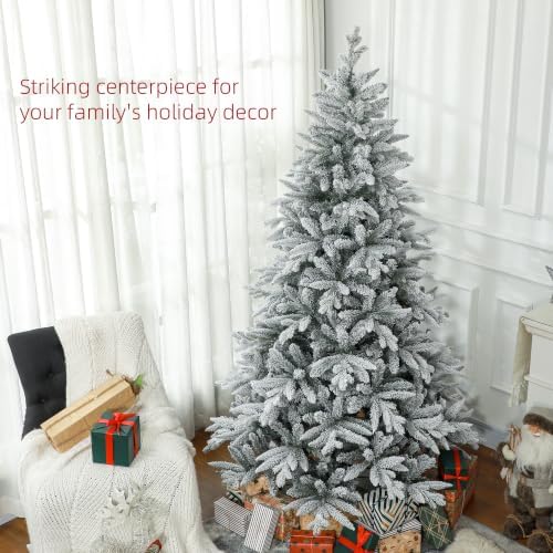 HOMCOM 7ft Snow Flocked Artificial Christmas Tree Hinged Xmas Tree Green
