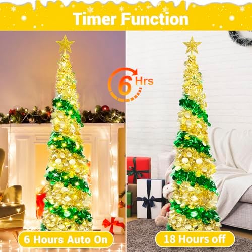HISFFOG 5FT Pop Up Christmas Tree with 8 Rmote Lights Modes - Dual Color Sequin Tinsel Christmas Tree, Collapsible Artificial Pencil Christmas Trees Decorations for Home, Apartment, Office, Party