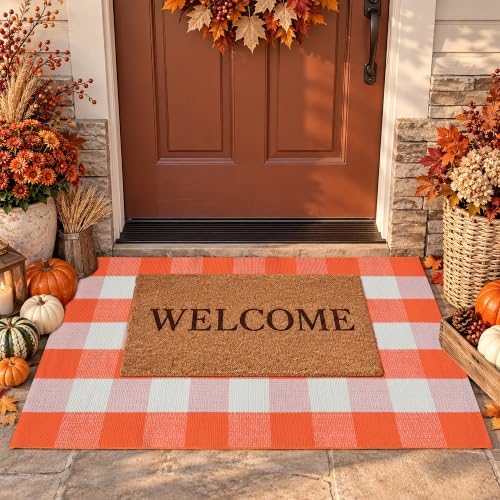 Orange and White Plaid Rug, 28'' x 43'' Fall Front Door Decor Mat, Cotton Washable Hand-Woven Door mat for Layered Doormat, Autumn Halloween Thanksgiving Carpet for Porch, Entryway
