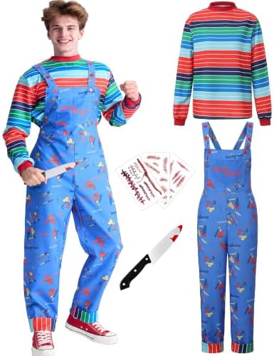 Adult Halloween Chucky Costume Striped Top Overalls Knife Tattoo Scars
