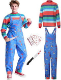 Adult Halloween Chucky Costume Striped Top Overalls Knife Tattoo Scars