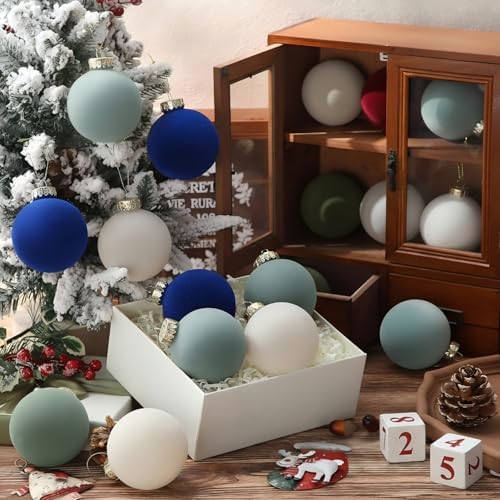 Gemscream 30 Pcs Velvet Christmas Balls, 3.15" Flocked Blue Ornaments, Blue