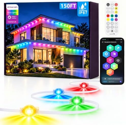 150Ft Permanent Outdoor Lights, RGB+IC Smart LED Eave Lighting with App/Remote Control,IP67 Waterproof,16 Million Colors,Scene Modes, DIY Music Sync, for Christmas, Holiday & Party Decor