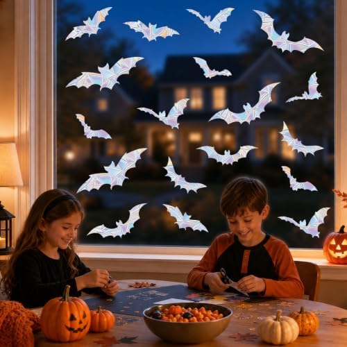 Halloween Bat Rainbow Window Clings, 26 Bats Suncatcher Sticker Decorations