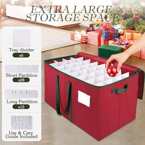 RoomHacks Christmas Ornament Storage Box, Store Up to 128 Ornaments, Christmas Storage Container, Dual Zipper & Adjustable, Large Organizer Bin to Protect and Store Holiday Ornaments (Red-2 Pack)