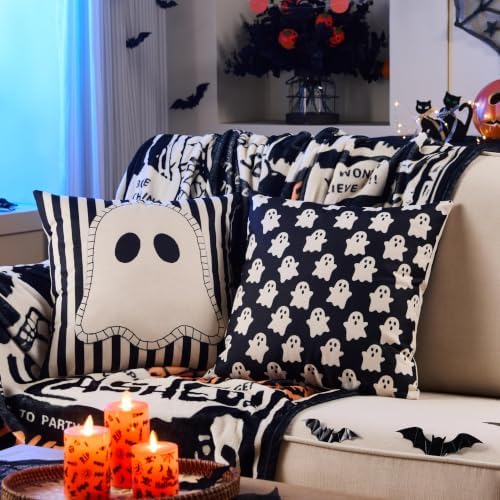Halloween Decor Pillow Covers 16x16 Inch,Set of 4 Halloween Decorations Outdoor Indoor Throw Pillow Covers, Hey Boo Cute Spooky Ghost Black Striped Linen Cushion Case for Home Sofa Couch Bed Chair