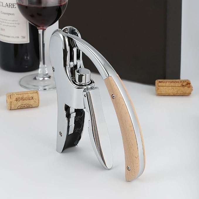 Rabbit Wine Opener, Lever Style Wine Bottle Opener with Wooden Handle, Professional Stainless Steel Corkscrew with Foil Cutter, Wine Gift Set
