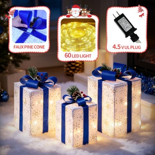 Set of 3 Christmas Lighted Gift Boxes, Light Up Blue Present Boxes