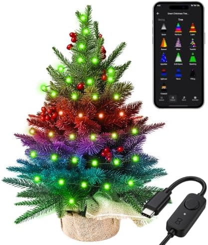 Brizled Smart Mini Christmas Tree, 22.8in DIY Smart-Lit Tabletop Tree with 75 LED RGB Lights, App/Voice Control 159+ Scenes Mini Xmas Tree USB C Music Small Tree Work with PD Power for Fireplace Desk