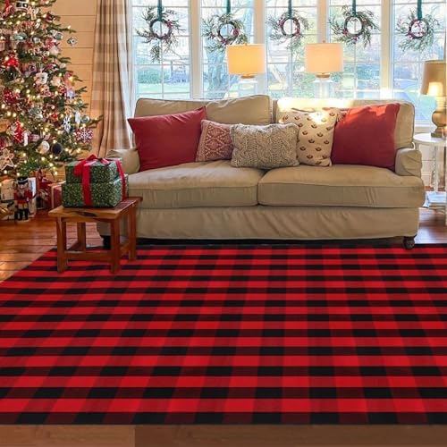 Christmas Red and Black Plaid Rug 8x10 ft, Extra Large Cotton Hand-Woven Buffalo Check Area Rug for Living Room, Bedroom, Patio, Christmas Holiday Farmhouse Decor, Washable Outdoor Indoor Carpet