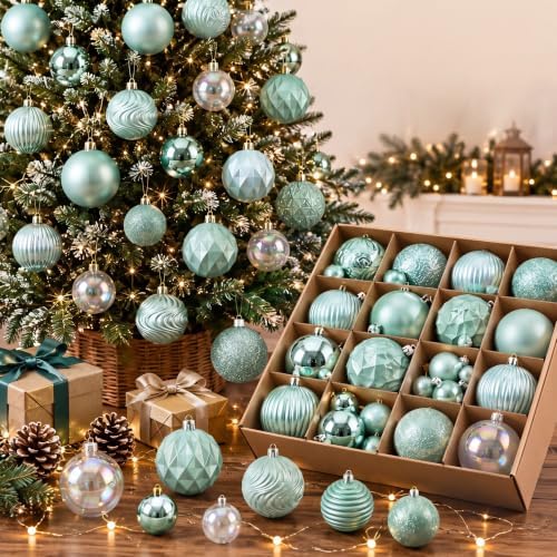 Lunmon 64 Pcs Teal Christmas Ball Ornaments Iridescent Clear Xmas Bulbs