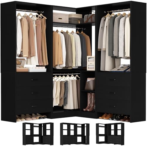 Aheaplus Closet System with 6 Drawers, 4 Hanging Rods & Corner Tower, Corner Closet System with Hanging,80.9" L-Shaped Walk-In Wardrobe Organizer, 2000+ lbs Capacity, Set of 3, Black