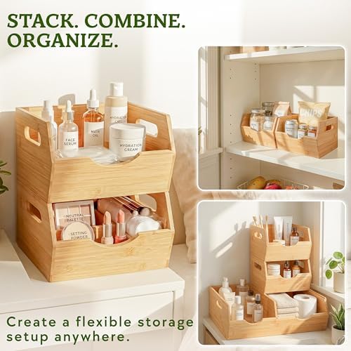 HOMESTEAD Extra Large Bamboo Pantry Storage Bins – 30% Larger, Stackable Potato Onion Storage Bin, Pantry Organizers and Storage, Produce Vegetable Organizer, Set of 3