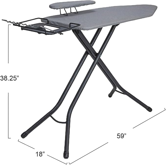 Household Essentials Wide Mega Ironing Board 4-Leg, Steel Top Pressing Station, Matte Black Frame, Grey Cover