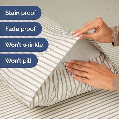 Cal King Size 4 Piece Sheet Set - Breathable & Cooling - Beige Stripes