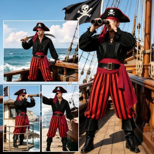 9pcs Adult Halloween Pirate Costume for Men with Accessories