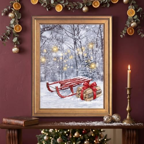 Framed Red Sled in Snowy Forest Art Print in Gold Frame Inch 16x20