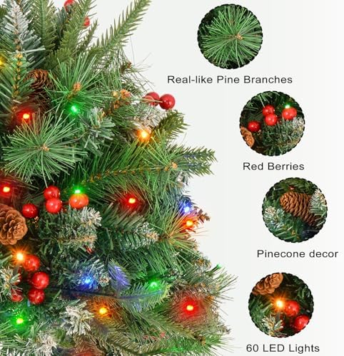 Christmas Tree Urn Filler, Battery Operated with Timer, Pre-lit Warm White & Multi-Color Changing LED Lights, Artificial Xmas Tree for Porch, Pathway, Yard, Outdoor Holiday Decoration (2, with Snow)