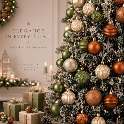 Lunmon 64 Pcs Earthy Christmas Ornaments Olive Green Copper Champagne Gold