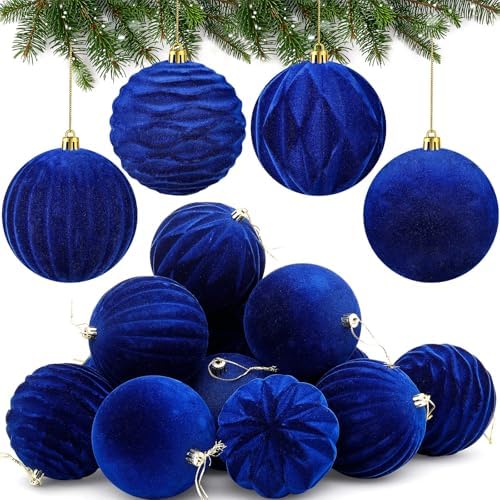 Liliful 4 Inch 12 Pcs Velvet Christmas Ornaments Balls, Blue