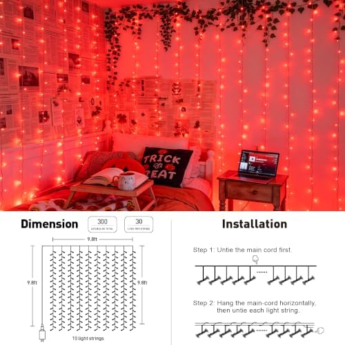 JMEXSUSS 300LED Red Curtain Lights for Halloween Christmas Decor, 9.8x9.8ft