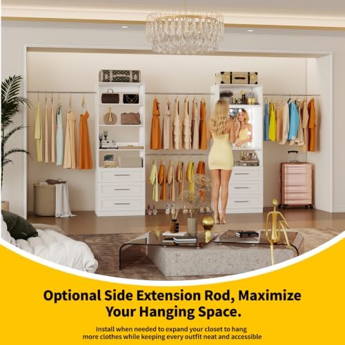 Fastgo Closet System with Drawers, 2FT-9.8FT Hanging Closet Organizer System with 4 Expandable Hanging Rods&Adjustable Shelves, Modular Closet Systems with Light & Mirror, White