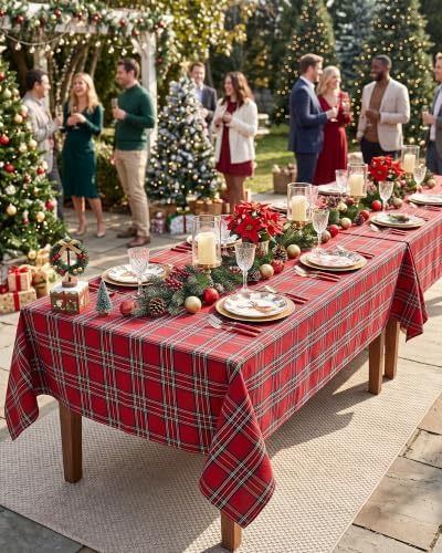 Red Christmas Tablecloth Rectangular, Tartan Plaid, 60x102 Inch