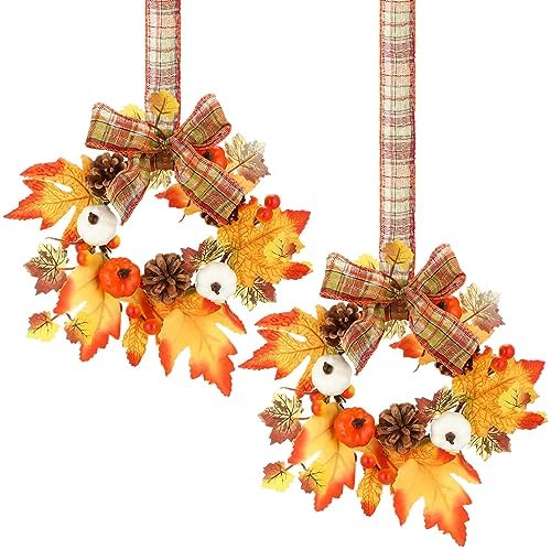 Syhood 2 Pcs 9 Inch Small Fall Wreath for Cabinet Mini Fall Wreath